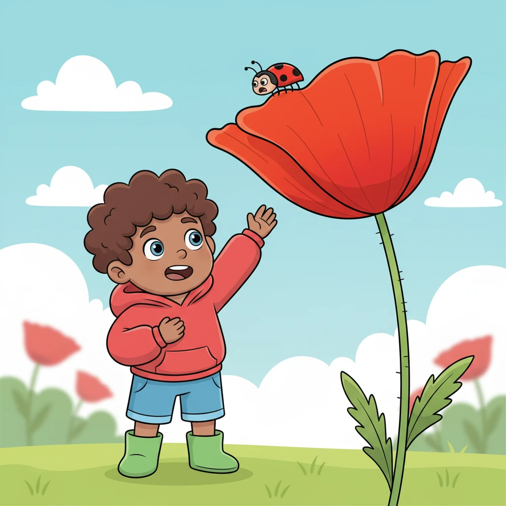 Suddenly, Leo spots a tiny ladybug stuck high on a tall, brave red poppy petal. The little ladybug wiggles its antennae, looking a bit scared. Leo feels a flutter in his tummy, but he knows he needs to be courageous to help his new friend.