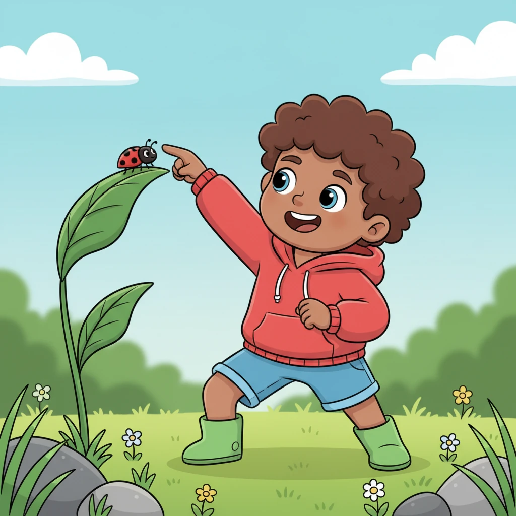 Taking a big, brave breath, Leo carefully reaches up, his arm stretching high. With a gentle touch, he helps the wobbly ladybug safely onto the ground. A warm, courageous feeling spreads through Leo’s chest, making him smile.