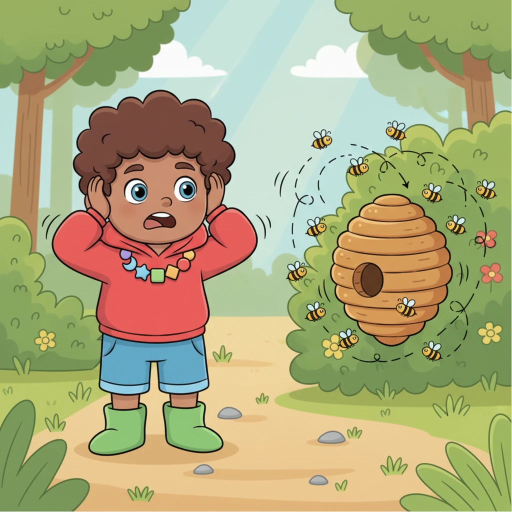 Further along, Leo hears a loud, buzzing sound coming from a busy beehive nestled in a leafy bush. The noise makes him feel a little jumpy and overwhelmed. He wishes for a quiet spot to rest his ears.
