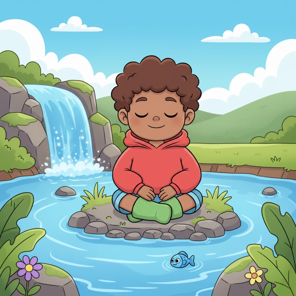 Leo discovers a sparkling blue waterfall gently flowing into a peaceful pond. He sits by the calm water, watching a tiny blue fish swim by. As he takes slow, deep breaths, the buzzing sound fades away, and a wave of peaceful calm washes over him.