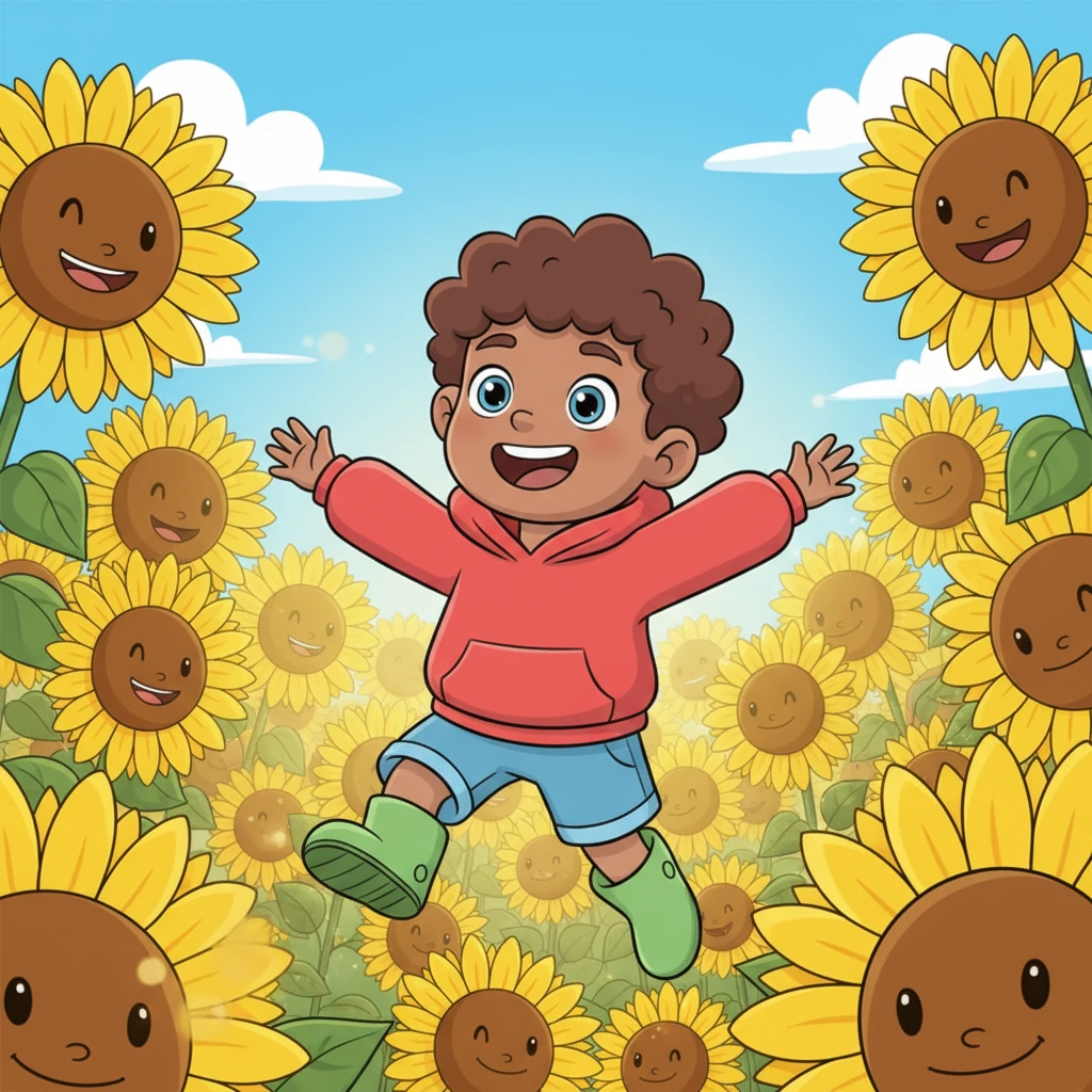 Next, Leo skips into a sun-drenched patch bursting with cheerful yellow sunflowers, all facing the sky with big, happy smiles. Their bright faces make Leo feel light and bouncy. A feeling of pure joy bubbles up inside him, making him want to dance.