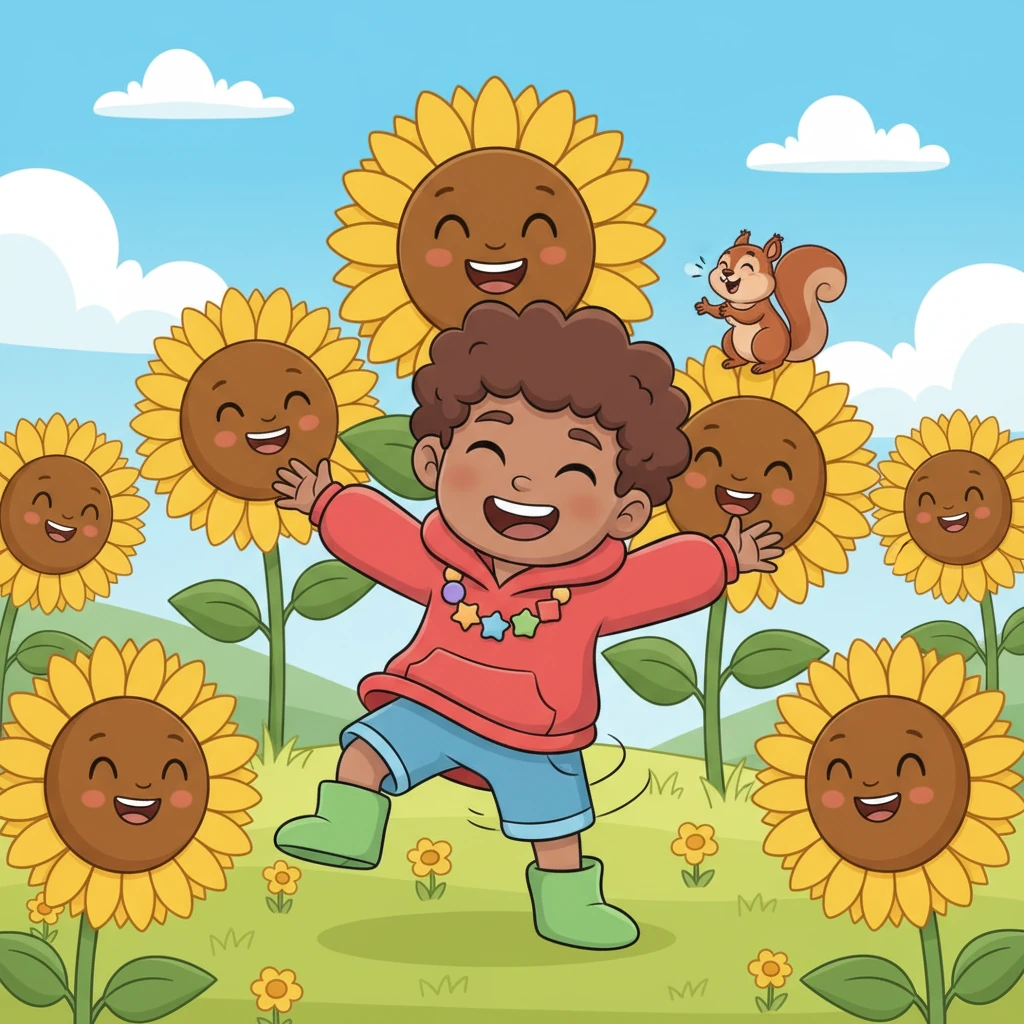 Giggling with delight, Leo twirls and spins among the happy sunflowers, his arms outstretched. He shares his sunny joy with a chattering squirrel who pops out from behind a sunflower, joining in the fun.