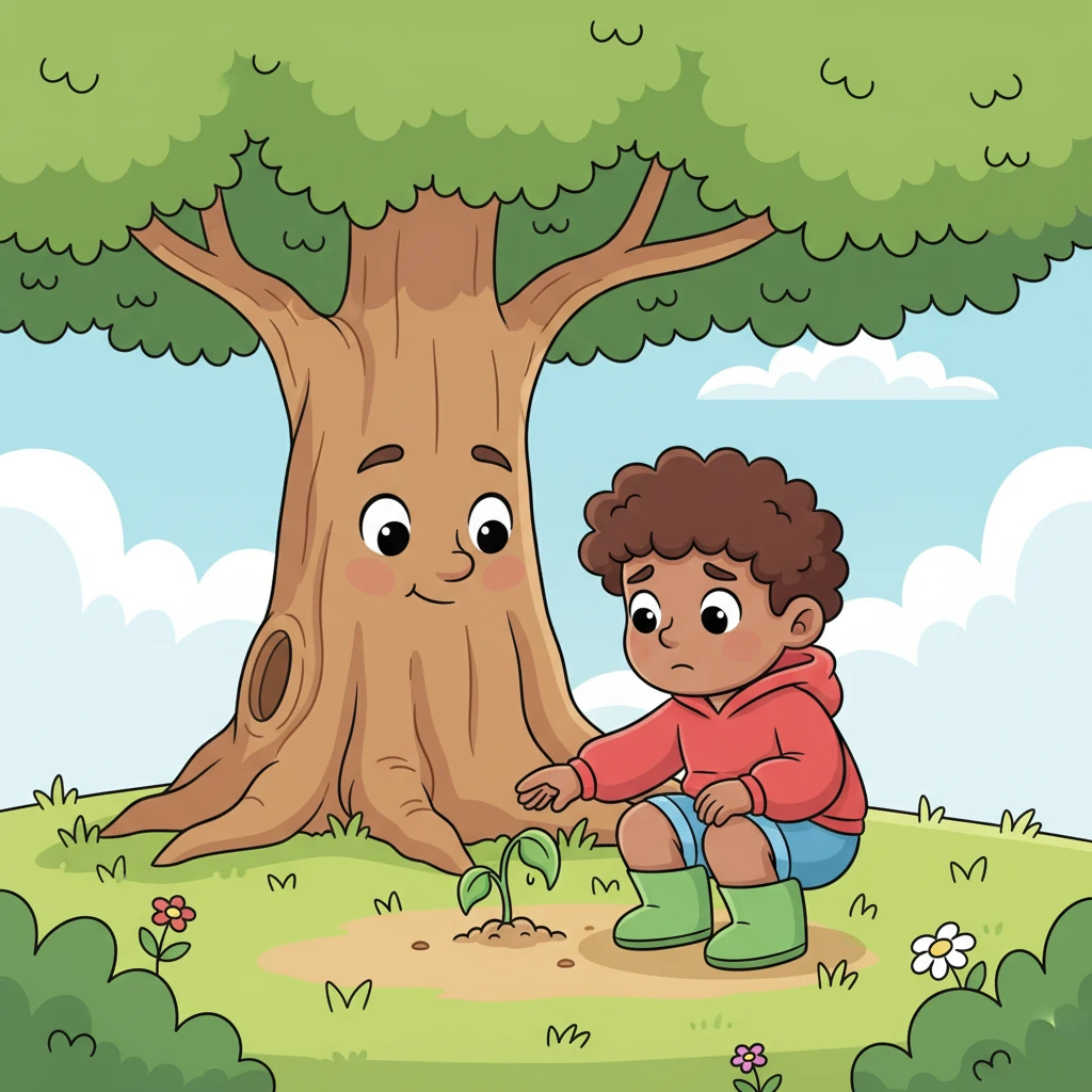 Leo then notices a tiny, droopy green sprout peeking out from under a big, friendly tree. The little plant looks thirsty and sad, its leaves wilting slightly. Leo feels a pang of kindness in his heart, wanting to help it grow big and strong.