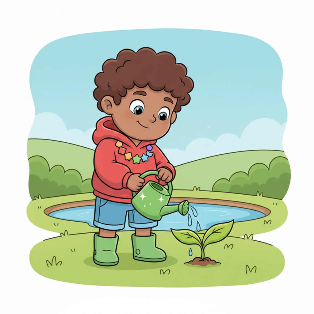 Finding a shimmering green watering can nearby, Leo carefully fills it with water from the blue pond. He gently gives the little sprout a drink, showing it love and kindness. The sprout instantly perks up, its green leaves reaching for the sky.