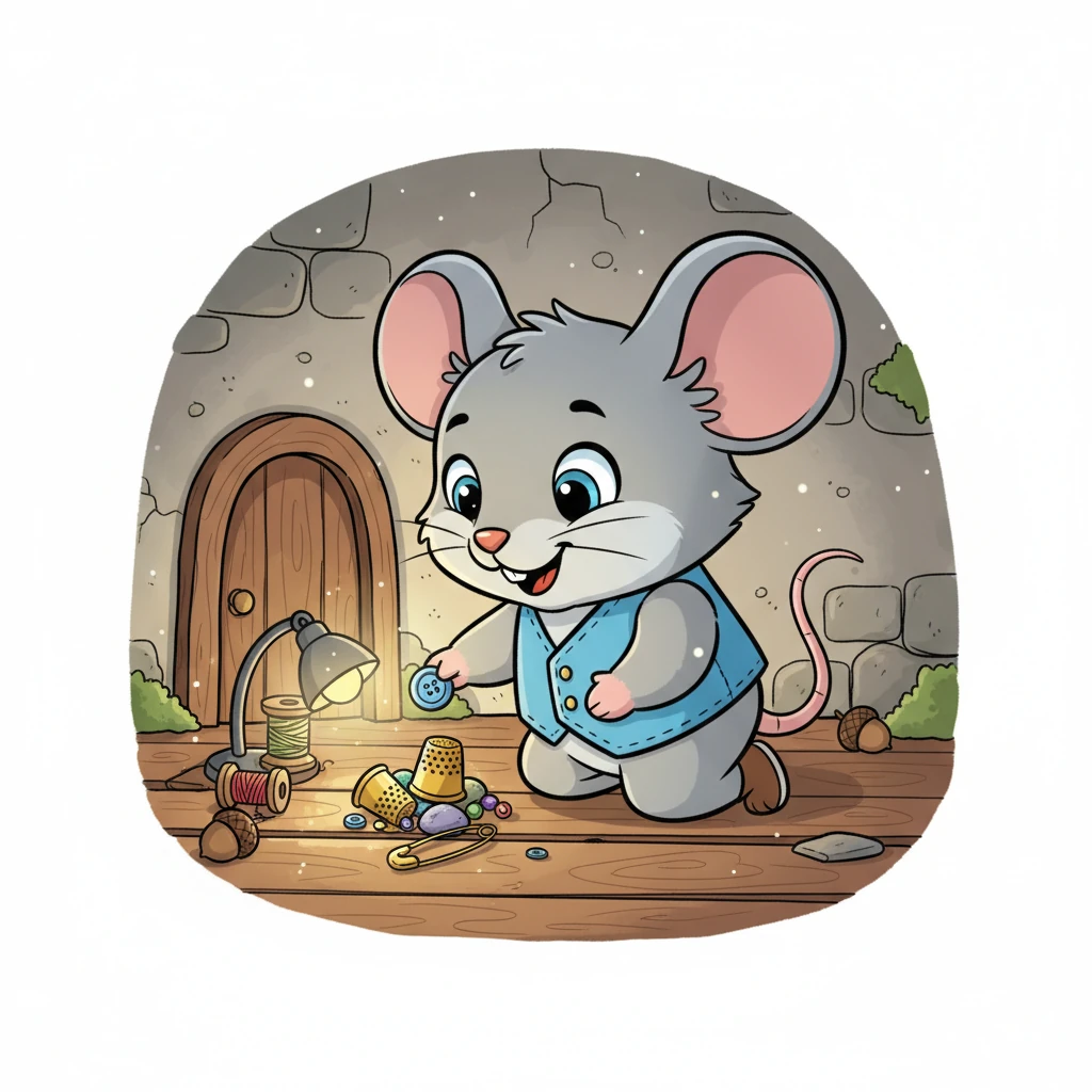 Pip, a tiny, cheerful mouse with bright, curious eyes, is busy in his cozy mouse hole. He carefully places a shiny, blue button next to a collection of other sparkling treasures he has found. The warm glow of a small, hidden lamp lights his delightful trove.