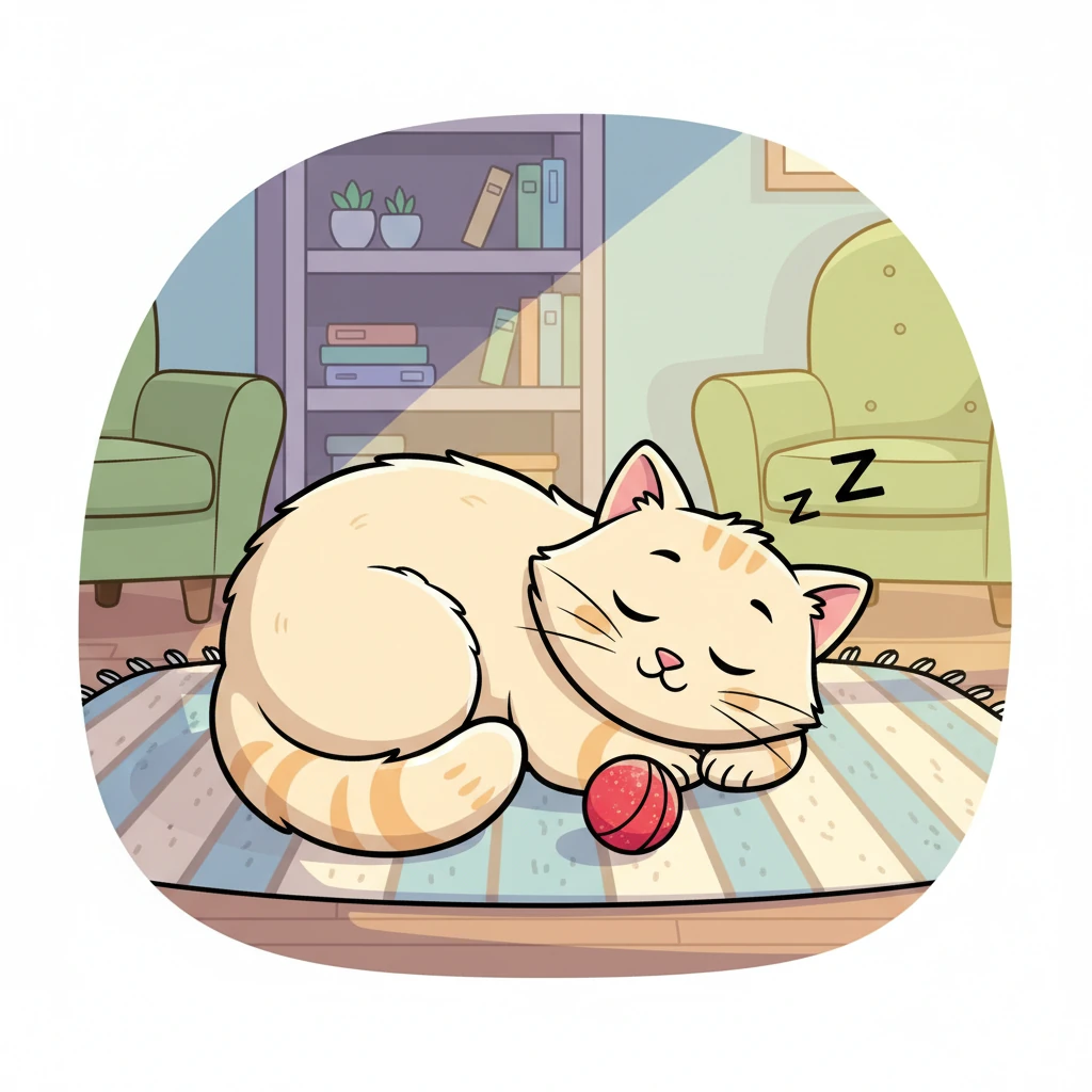 Whiskers, a plump, fluffy cat with soft, cream-colored fur, is enjoying a peaceful nap on a sun-drenched rug. Her favorite toy, a small, sparkly red ball, rests gently beside her paw. A gentle purr rumbles through the quiet, cozy living room.