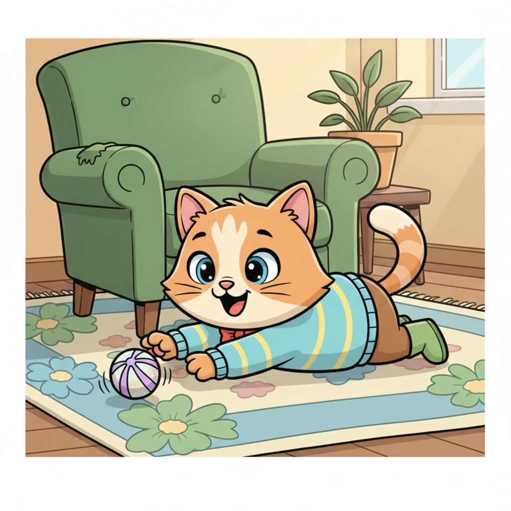 Suddenly, Whiskers awakens with a stretch and playfully bats at her sparkly ball. It rolls with a gentle bounce, past her outstretched paw, and disappears under an old, heavy armchair. Whiskers blinks, a hint of surprise on her face.