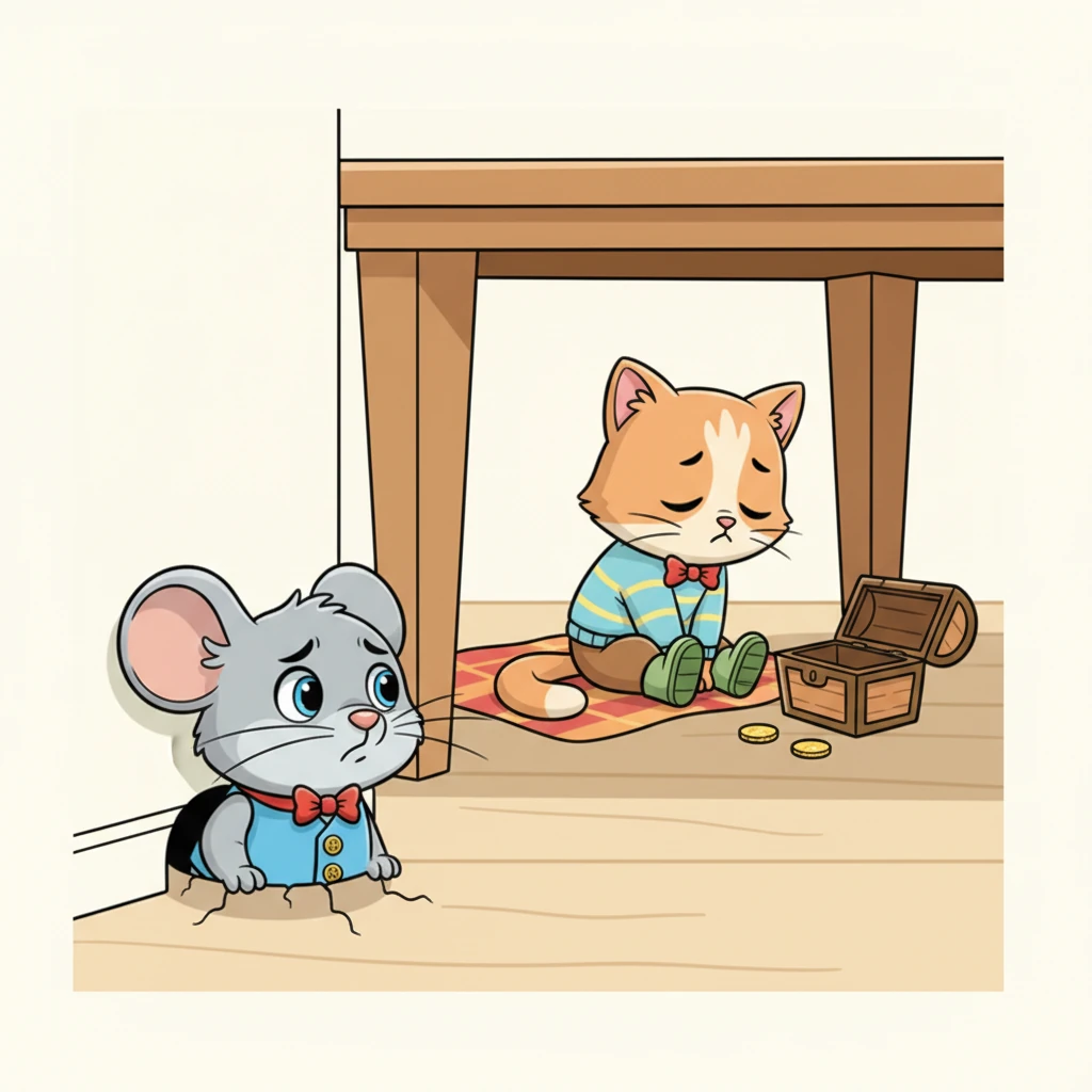 Pip, peeking out from a tiny hole near the baseboard, sees Whiskers' predicament. His small, round face shows immediate concern, his whiskers twitching with thought. He understands Whiskers' distress over her lost treasure.