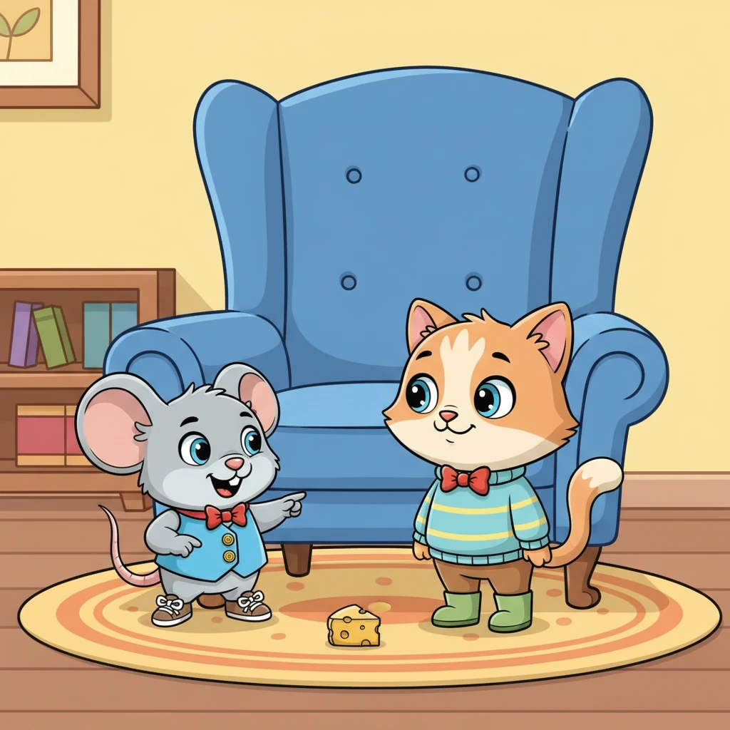 A clever idea sparks in Pip's mind. He gestures with his tiny paws towards the armchair, then to himself, indicating he can fit where Whiskers cannot. A determined, helpful look crosses his face as he prepares to assist his friend.