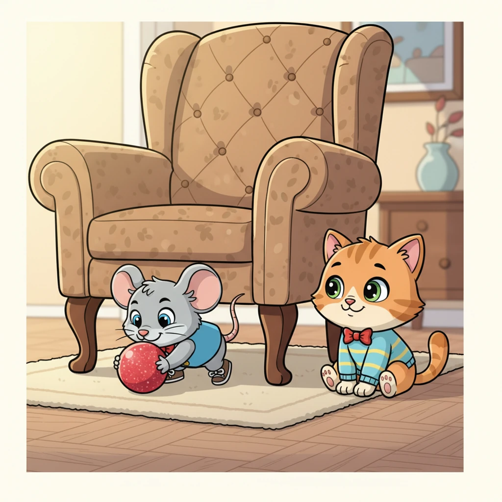 With a brave and quick scurry, Pip zips under the heavy armchair. He carefully nudges the sparkly red ball with his nose, pushing it inch by inch towards the open space. Whiskers watches intently, her big, green eyes wide with hope.