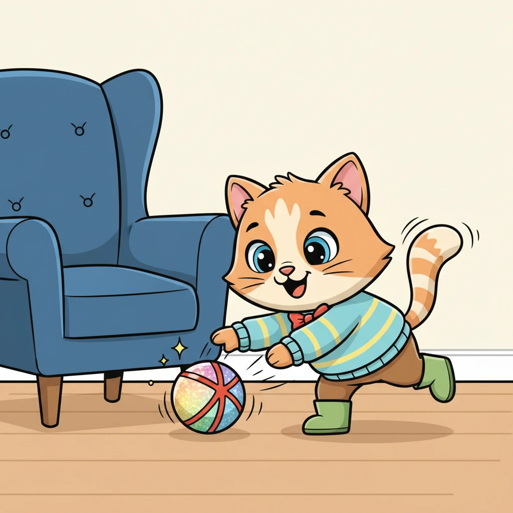The sparkly ball finally rolls free from under the armchair! Whiskers pounces on it with a happy chirp, batting it gently with renewed delight. Her tail wags softly, a picture of pure feline joy.