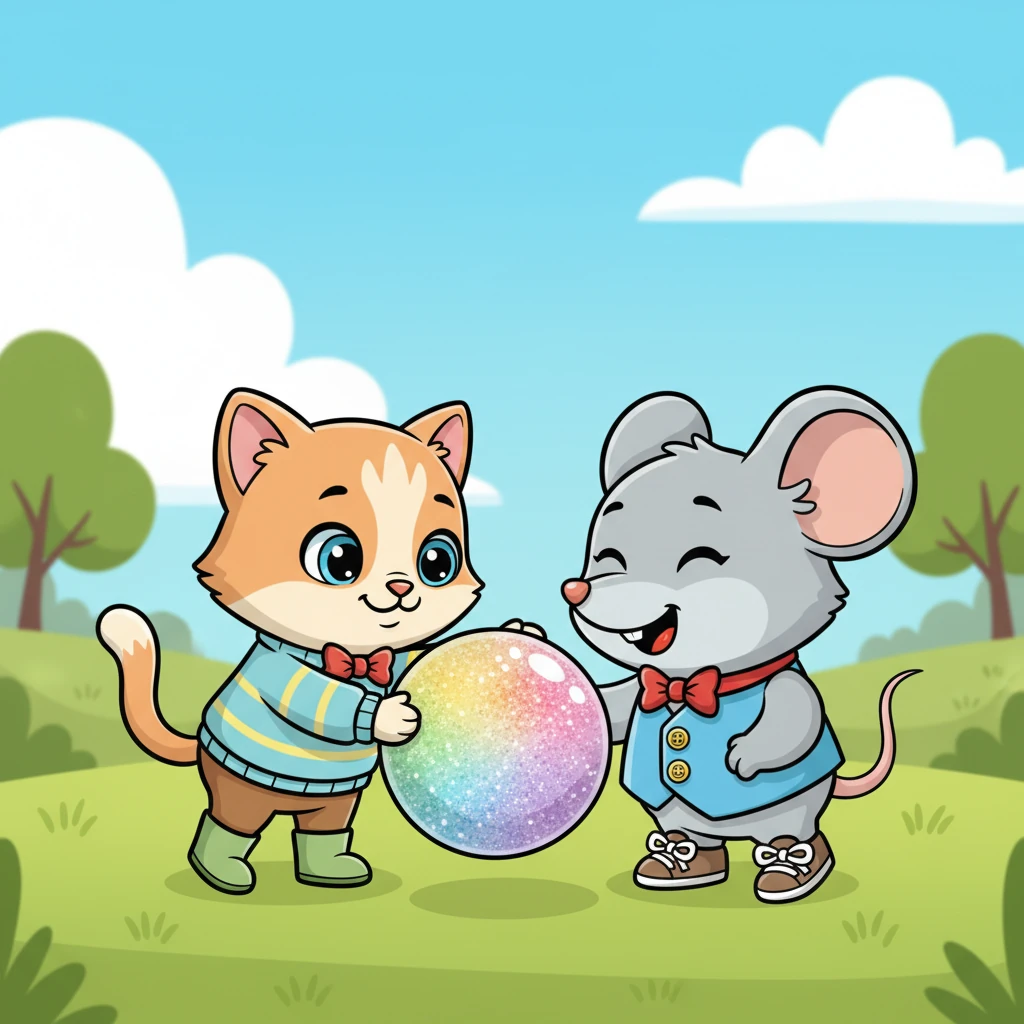Whiskers gently nudges the sparkly ball towards Pip as a silent thank you, her eyes soft and grateful. Pip gives a happy squeak, a tiny smile on his face, feeling proud and warm. They share a quiet moment of understanding and friendship.