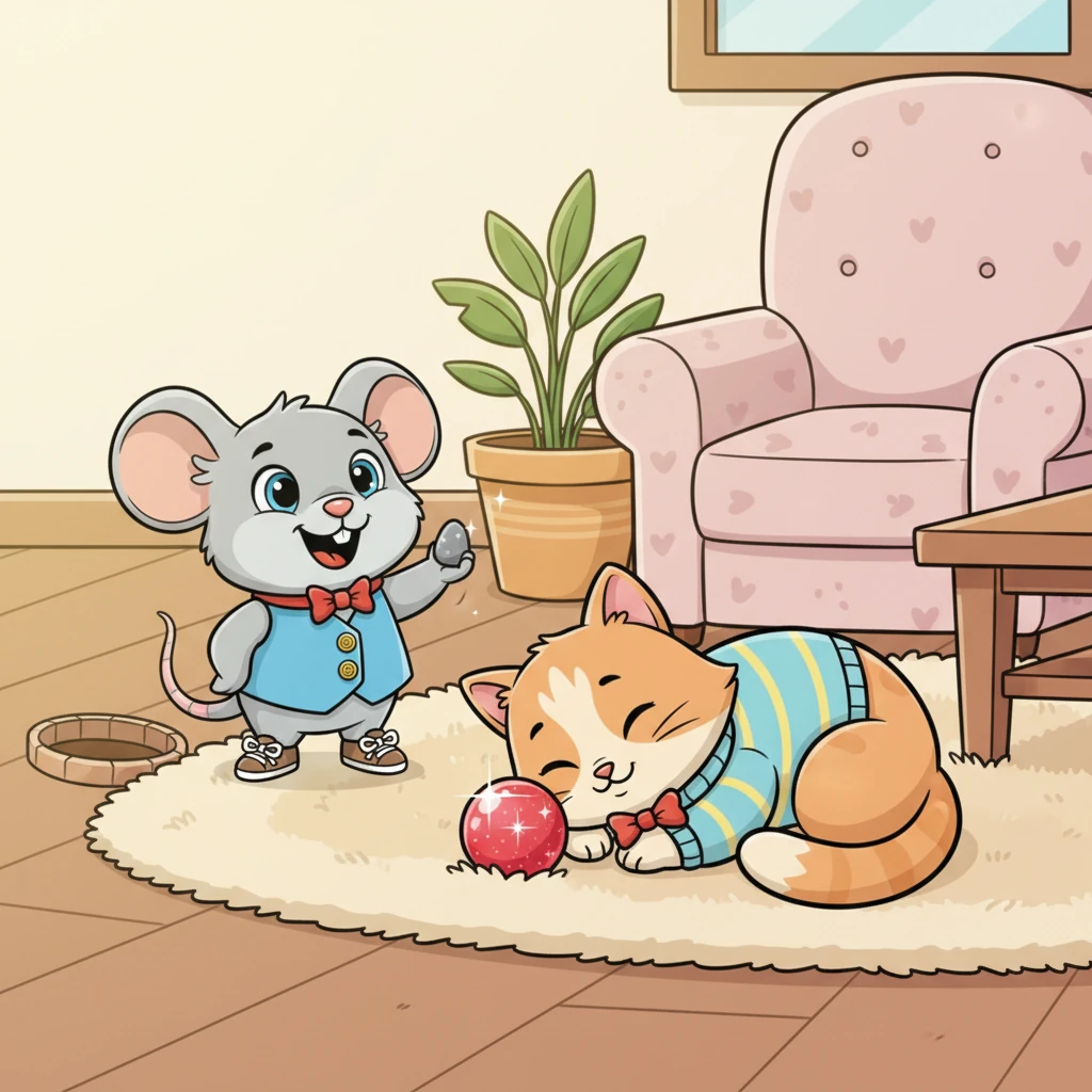 Pip returns to his cozy hole, now with a new tiny, shiny pebble he discovered under the armchair. Whiskers curls up for another contented nap on the rug, her sparkly red ball safely nestled beside her. The room is filled with a soft, warm glow, reflecting their happy, cozy friendship.