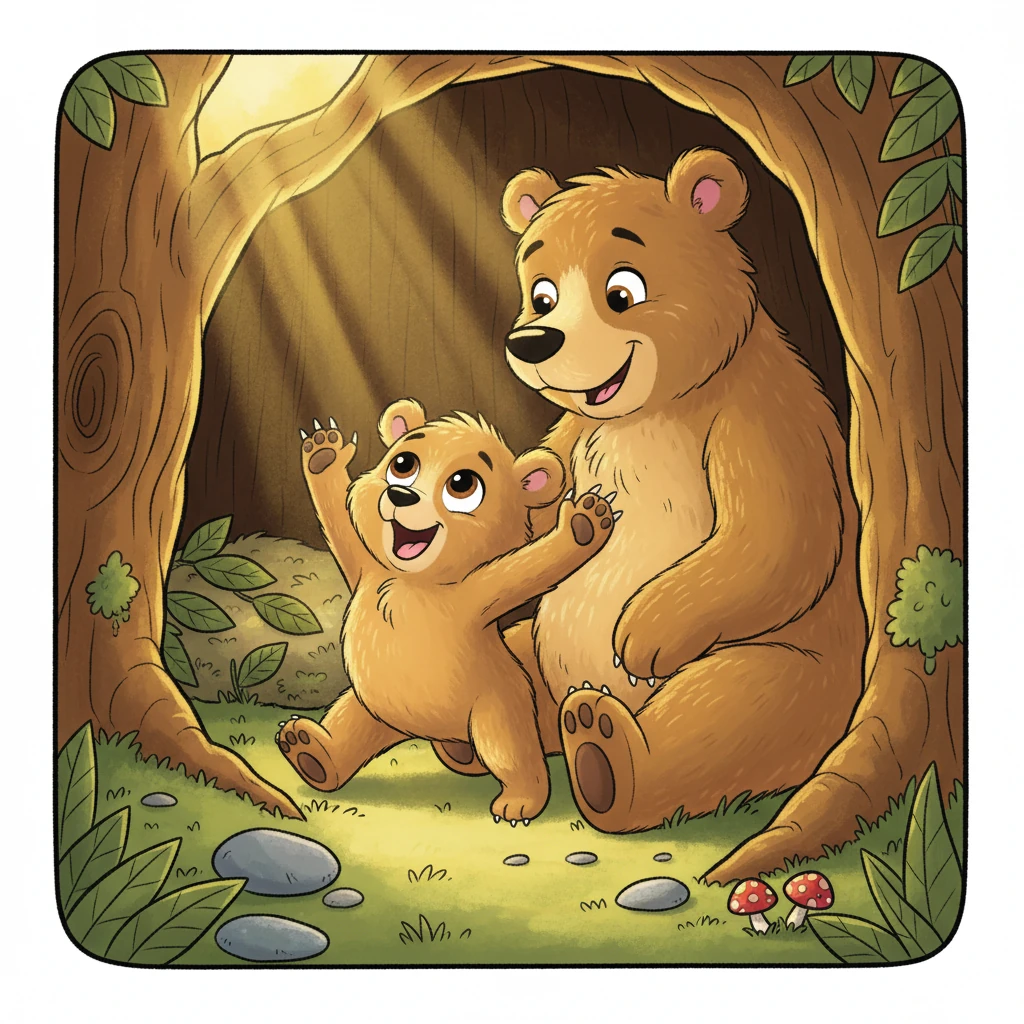 Barnaby Bear, a fluffy little cub with big, curious eyes, wakes up in his cozy, sun-dappled den. He stretches with a happy yawn, his tiny paws reaching for the sky. Mama Bear, warm and gentle, smiles down at him, her fur glowing in the morning light.