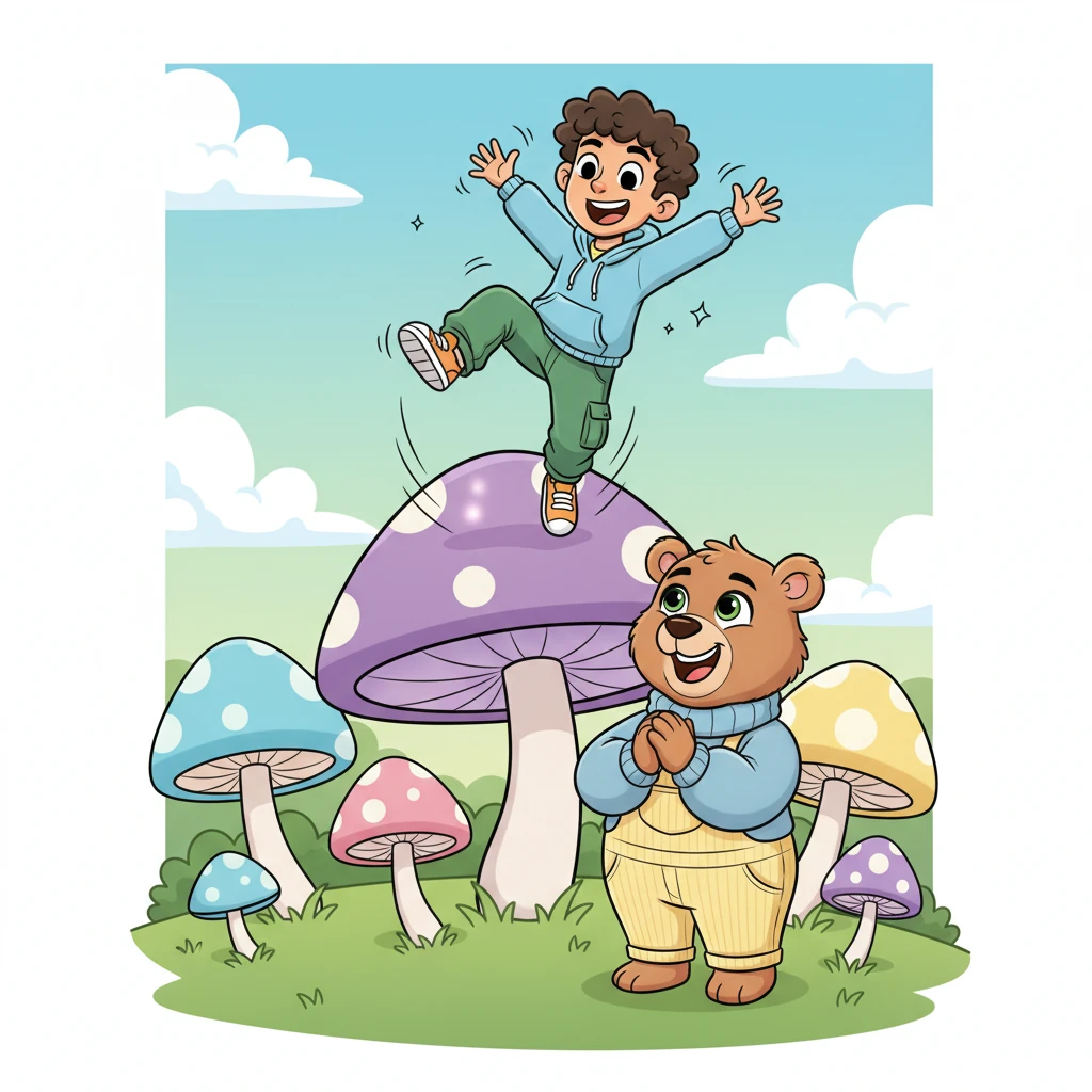They discover a field of gigantic, bouncy mushrooms! Barnaby giggles, leaping onto one and bouncing high into the air. Mama Bear claps her paws, laughing along as he performs silly aerial flips.