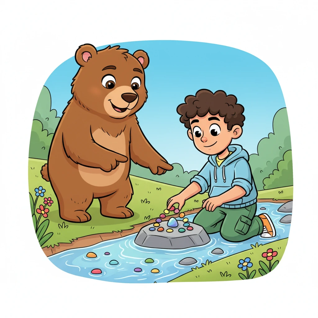 Further on, they find a sparkling stream filled with smooth, colorful pebbles. Barnaby carefully collects the prettiest ones, arranging them into a tiny rainbow. Mama Bear watches proudly, pointing out a particularly shiny stone.