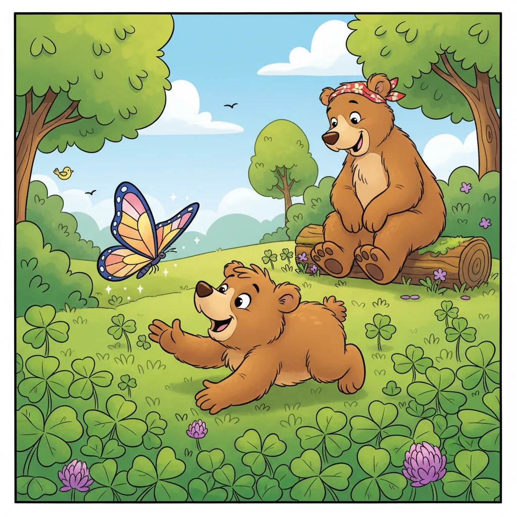 A mischievous butterfly with wings like stained glass flutters past Barnaby's nose. He tries to follow it, tumbling playfully through a patch of soft, fluffy clover. Mama Bear chuckles, knowing his playful spirit.
