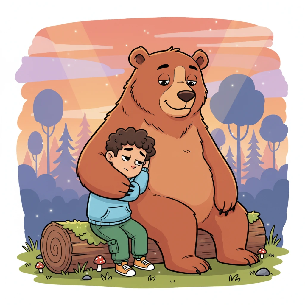 As the afternoon sun begins to dip, painting the sky in shades of orange and pink, Barnaby starts to feel a little sleepy. He snuggles close to Mama Bear, resting his head on her soft fur. They sit together on a mossy log.