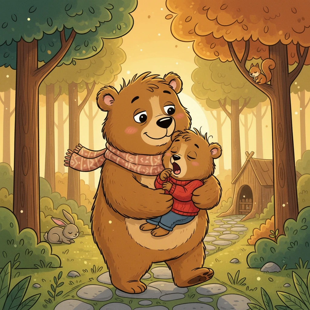 Mama Bear gently carries Barnaby back towards their den, his eyes drooping. The forest path is now bathed in a soft, golden light, and the air is filled with peaceful evening sounds. Barnaby yawns, feeling safe and loved.