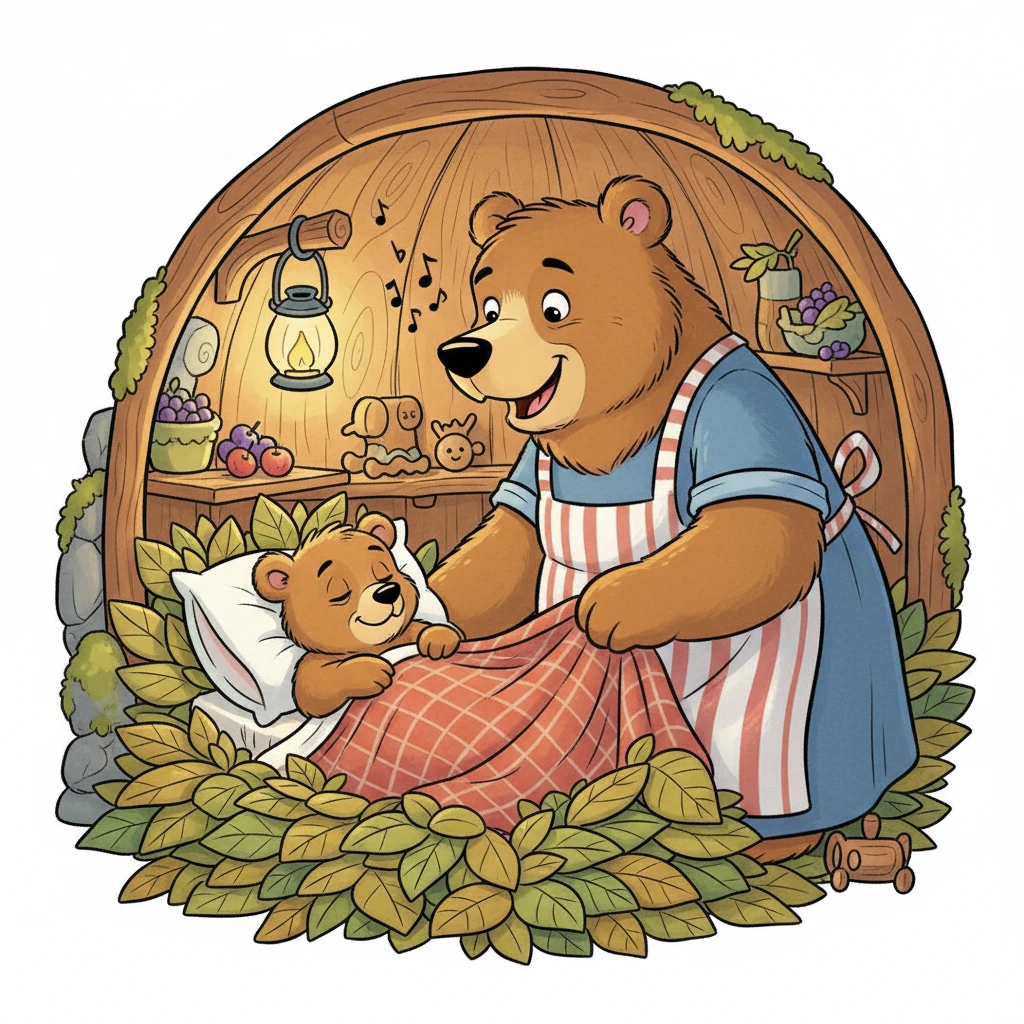 Back in their cozy den, Mama Bear tucks Barnaby into his bed made of soft leaves. She hums a sweet lullaby, her voice a comforting rumble. Barnaby's eyes flutter, already half-asleep.