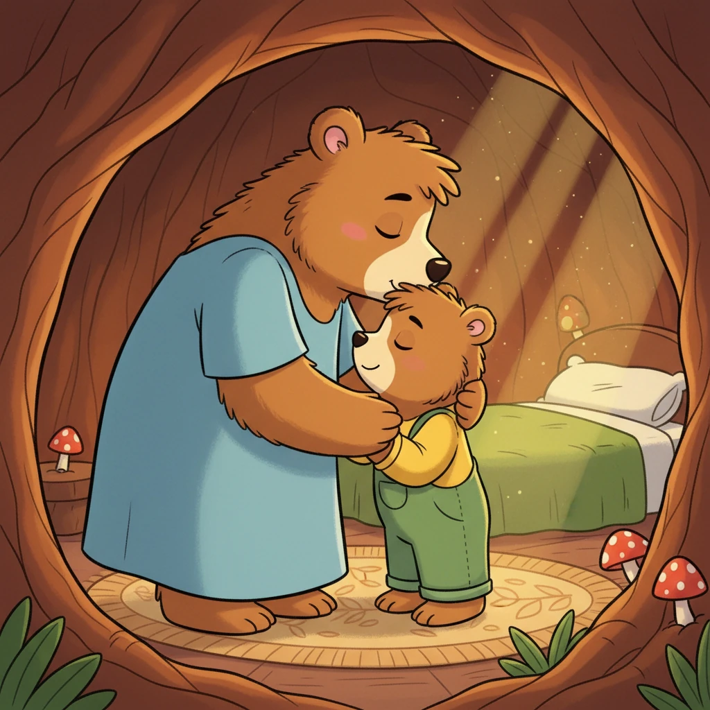 Mama Bear leans in close, kissing Barnaby's forehead. "You're mine," she whispers softly, her voice filled with deep, unconditional love. It wasn't a question, but a gentle, loving fact that filled the quiet, gold-lit den.