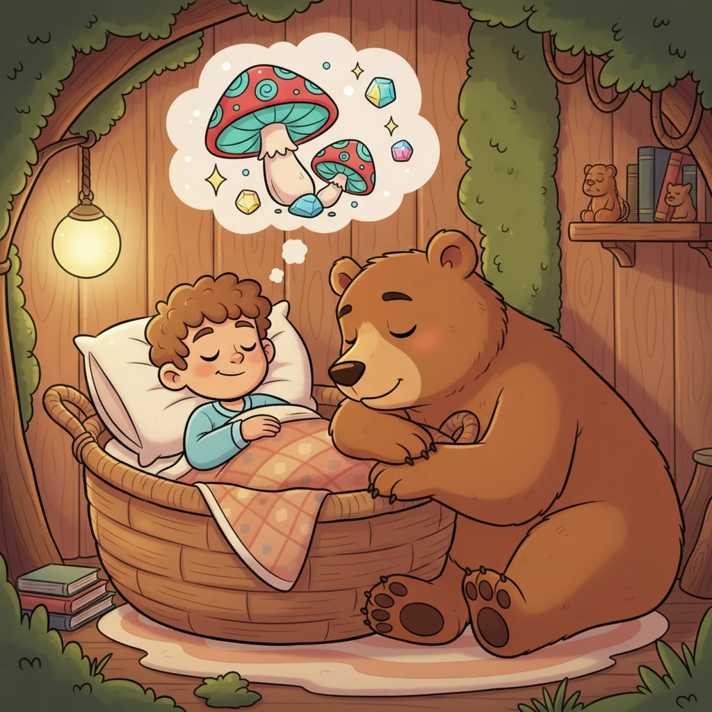 Barnaby smiles in his sleep, dreaming of bouncy mushrooms and sparkling pebbles. He feels safe, cherished, and absolutely loved, knowing he belongs right here with his wonderful Mama Bear. The den is filled with peaceful warmth.