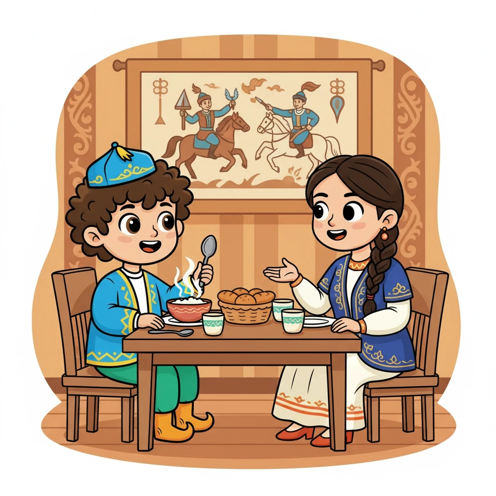 Данияр таңертеңгі ас ішіп отырып, анасының қазақ халқының тарихы туралы әңгімесін тыңдады. Анасы оған батырлар мен данышпан адамдар туралы айтып берді. Данияр осы әңгімелерден шабыт алды.