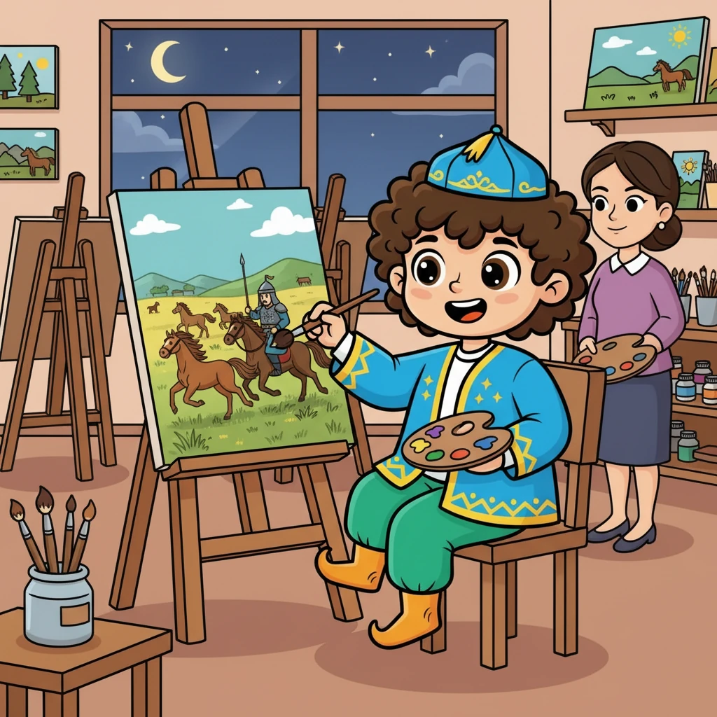 Кешкісін Данияр сурет салу үйірмесіне барды. Ол қазақ даласының көріністерін, жылқыларды және батырларды салғысы келді.