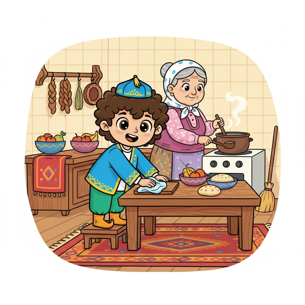 Данияр әжесіне көмектесіп, үй шаруасына атсалысты. Ол еңбек етудің маңыздылығын түсінді.