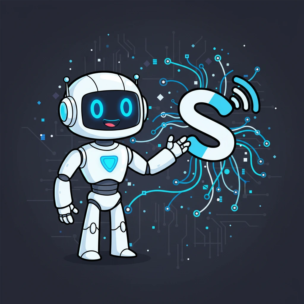 Professor Pixel, a friendly, sleek robot with a glowing electric blue core, stands proudly beside a bold, simplified logo for “SigmaFi Translate.” Digital neural flow lines in blue and white radiate from the logo across a charcoal background, suggesting connectivity and intelligence. The scene is clean and authoritative, yet playful, introducing a smart new way to handle special translations with wonder and clarity.