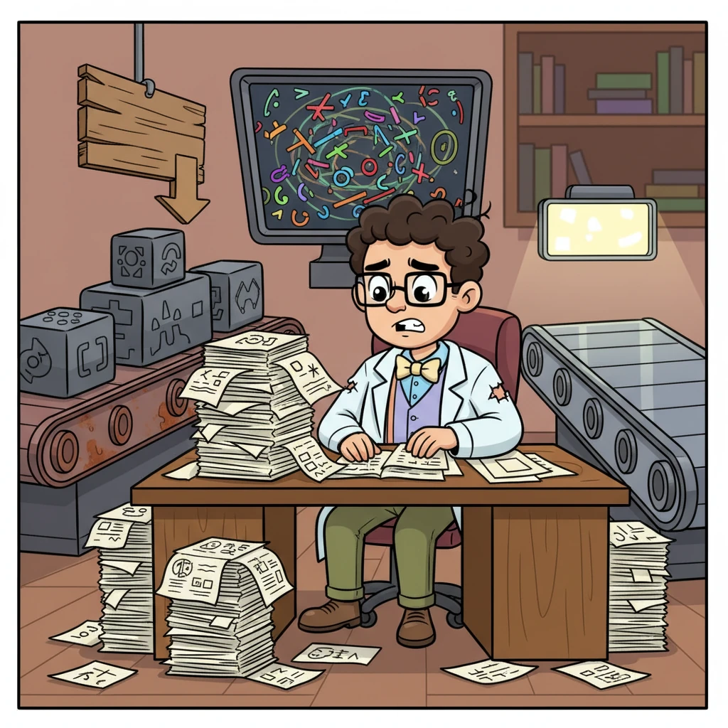 A cartoon human translator, looking slightly overwhelmed, sits at a desk piled high with papers and complex-looking foreign documents. Their computer screen shows jumbled text. A slow, clunky conveyor belt with a “CAT-tool workflow” label moves sluggishly, contrasting with a sleek, empty lane labeled “AI pipeline,” highlighting that traditional translation methods are slow and can't keep up with big demands.