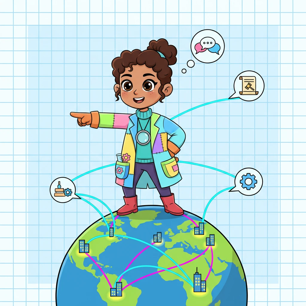 Professor Pixel stands on a cartoon globe, pointing to various glowing cities connected by bright, flowing lines representing global communication and regulations. Small thought bubbles above the cities show symbols for different languages and legal documents. The background is a calm, structured grid, showing that the world needs fast, accurate translation more than ever, and AI is ready to help.