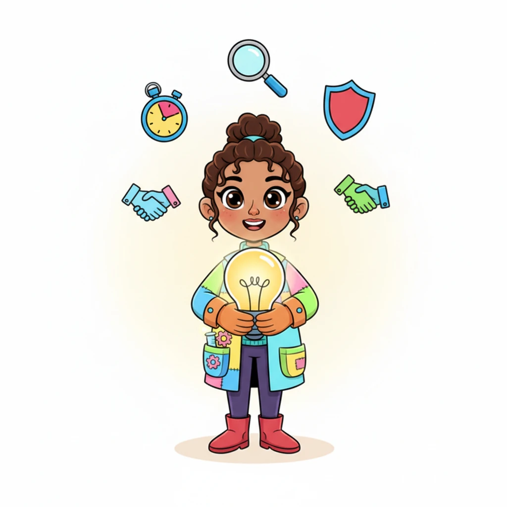 Professor Pixel stands confidently, holding a glowing lightbulb that projects four clear, simple icons: a stopwatch for speed, a magnifying glass for precision, a handshake for trust, and a shield for compliance. The background is a clean, minimalist space, emphasizing the clarity of the vision. SigmaFi Translate offers speed, precision, trust, and compliance for every translation.