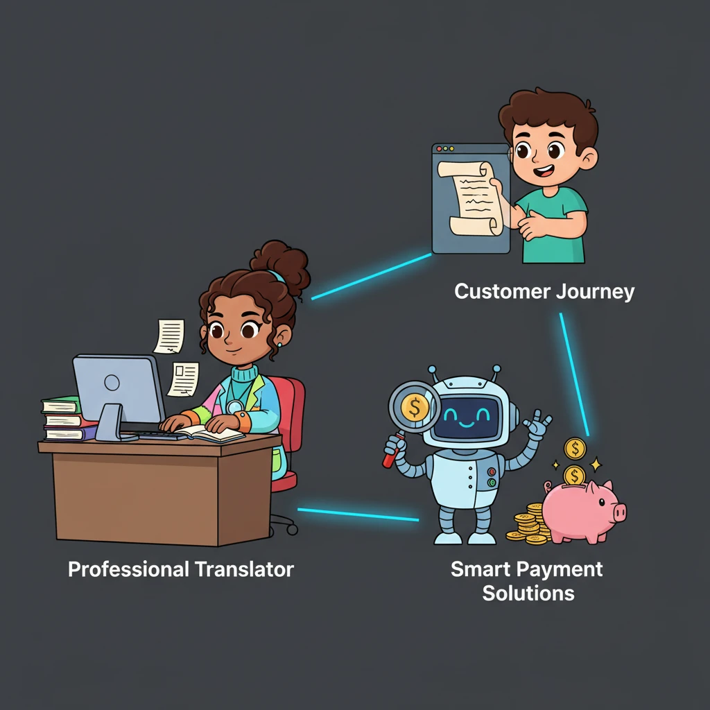 A playful, modular diagram shows three interconnected cartoon elements: a diligent “Professional Translator” character, a clever “Smart Payment Solutions” robot happily counting coins, and a cheerful “Customer Journey” character receiving a perfectly translated document. Electric blue lines connect these modules on a dark gray background. SigmaFi connects expert translators, smart payments, and happy customers seamlessly, making the solution elegant and efficient.