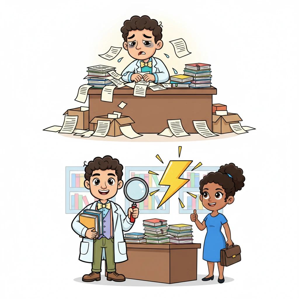 A split screen shows a 'before' side with the overwhelmed translator from Scene 2, looking tired, and an 'after' side with the same translator smiling, documents neatly stacked, and a lightning bolt symbol for speed. A cheerful customer character gives a thumbs-up. SigmaFi makes translation faster, more accurate, and brings in more happy customers, showcasing tangible, positive impact.