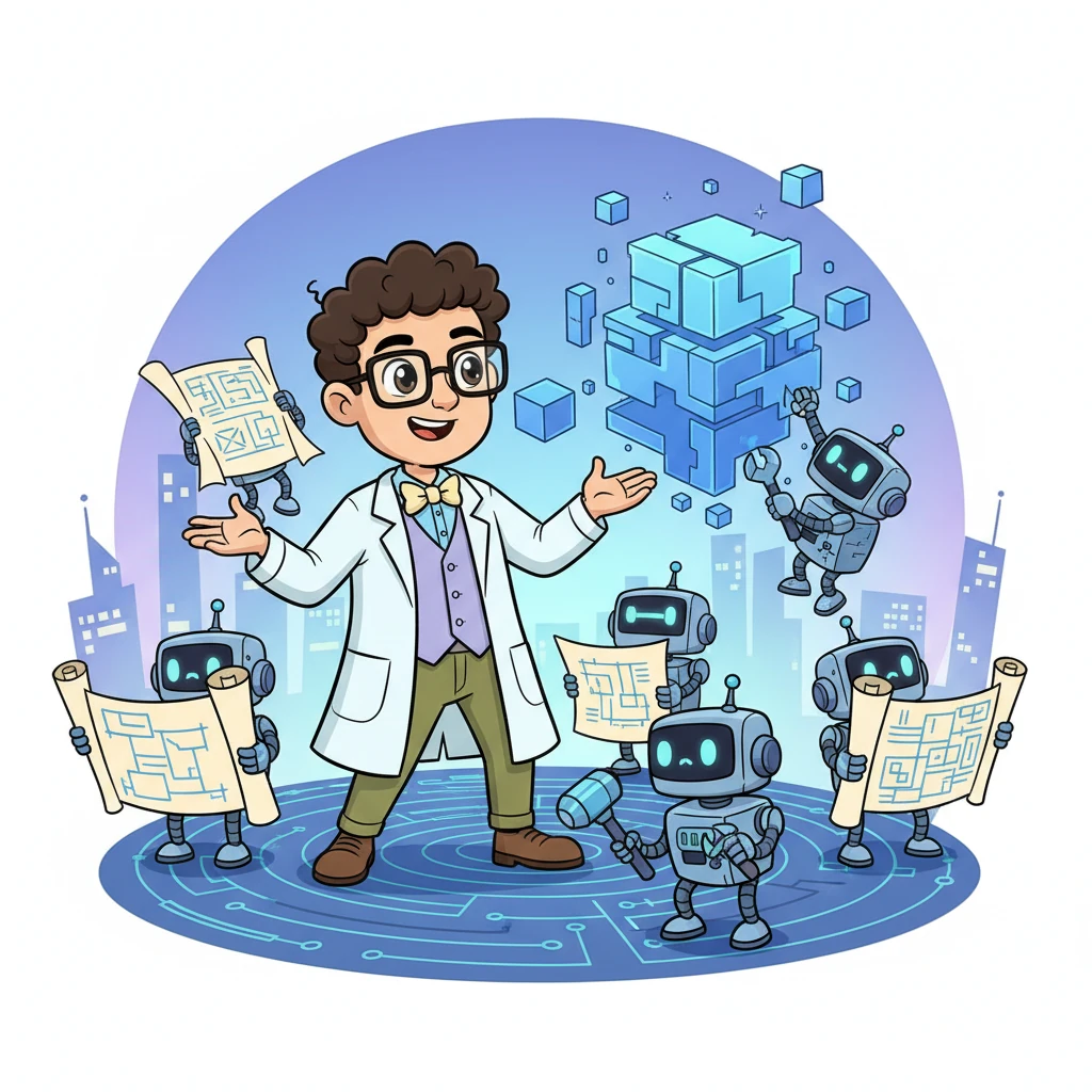 Professor Pixel is seen directing a team of small, busy worker robots, some holding blueprints labeled “PM2” for structured planning and others using tools to build a digital structure with “Scrum” labels for agile development. The scene emphasizes teamwork and structured progress, building SigmaFi with careful planning and smart, iterative development.