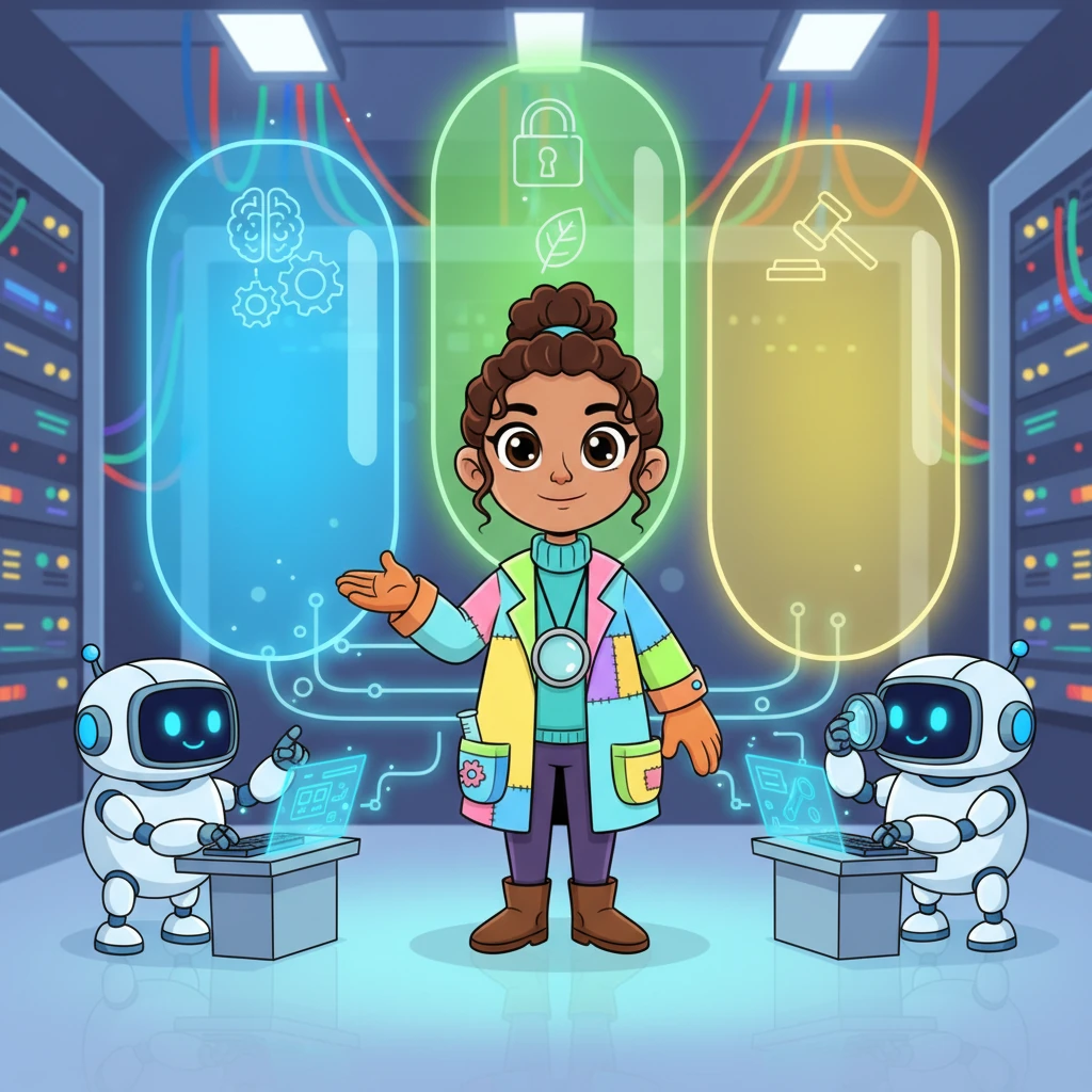 Professor Pixel stands in front of three glowing protective shields labeled “AI Talent,” “Data Privacy,” and “Legal Compliance.” Friendly cartoon security guards (robots) are shown diligently monitoring data flows. The overall mood is one of safety and vigilance, as we carefully manage risks like data privacy and legal rules to keep everything secure.