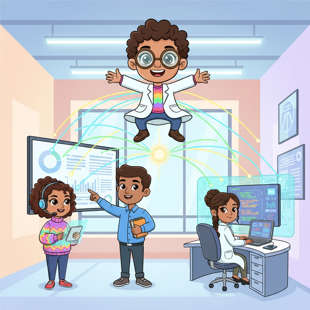 A diverse group of smiling cartoon characters (translators, project managers, tech experts) work together in a bright, modern digital workspace, collaborating seamlessly. Professor Pixel oversees them, beaming. Digital lines connect them, symbolizing efficient communication and new roles. SigmaFi brings people, technology, and good governance together for lasting success.