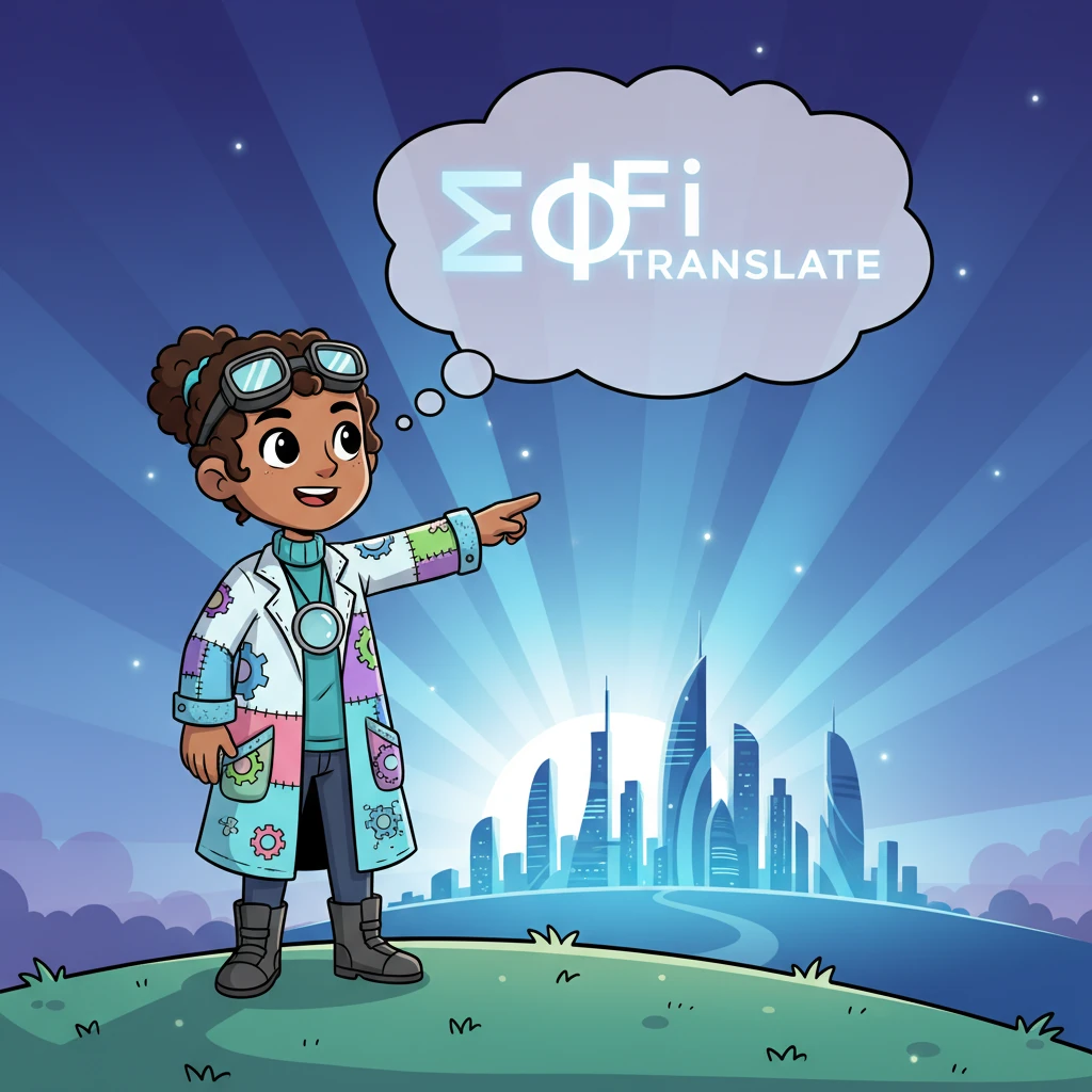 Professor Pixel stands on a hill, looking out at a horizon where a stylized “SigmaFi Translate” logo glows brightly over a futuristic city. The sun rises, casting electric blue and white light. The message “This is not automation. This is transformation.” appears as a subtle, powerful thought bubble above Professor Pixel, leaving a lasting impression of visionary leadership and profound impact.