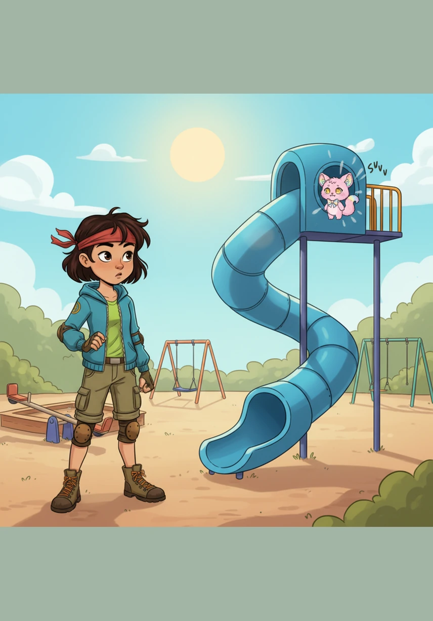 Under the bright sun at the local playground, Nina paused her play when a strange sound caught her ear. Crunch! Crunch! The mysterious noise seemed to be coming from the very top of the tall, blue slide.