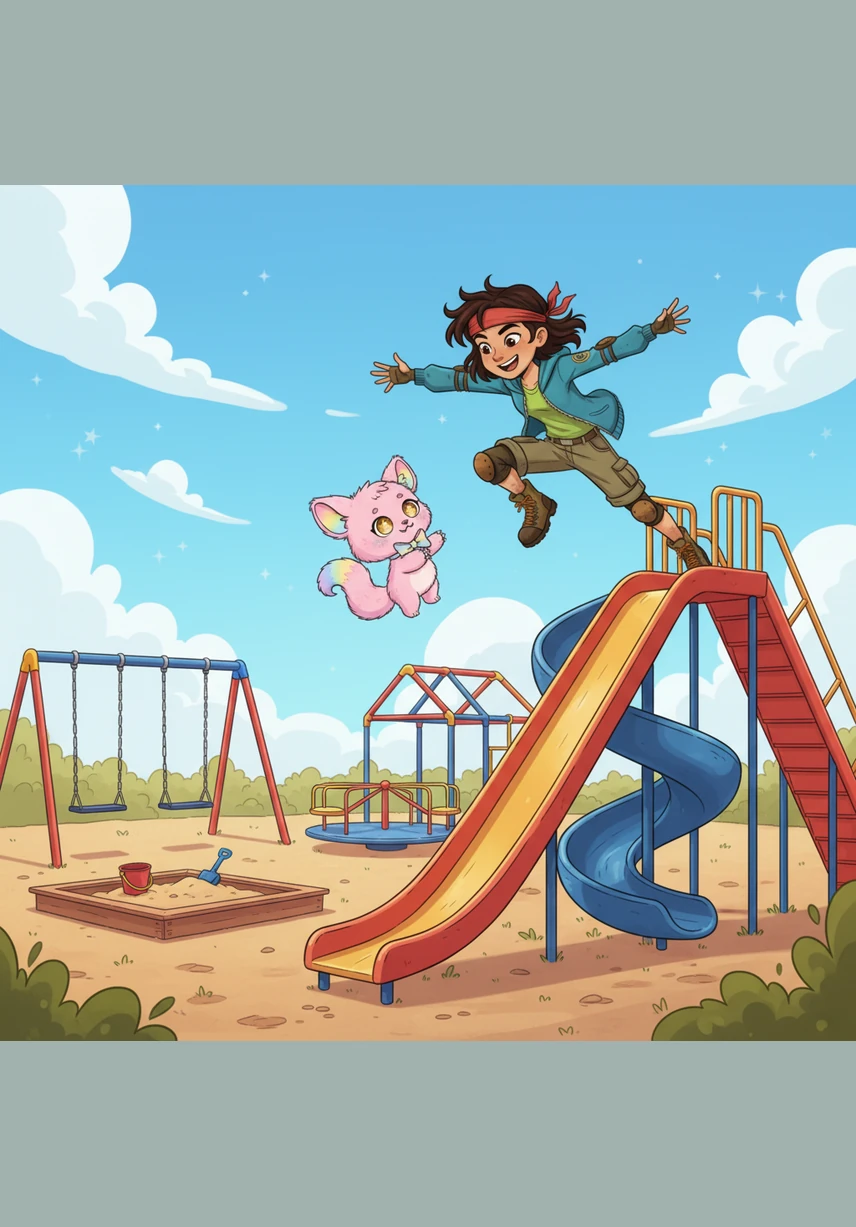 Suddenly, a little pink monster with fuzzy fur and sparkling rainbow eyes popped out with a happy smile. Startled by the unexpected guest, Nina quickly jumped off the playground equipment and landed on the soft sand below.