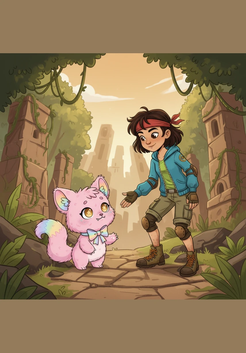 Nina looked up at the friendly creature and asked for its name. The little monster pulled out a small notebook and carefully wrote down the word Rainbow in bright, colorful letters for Nina to see.