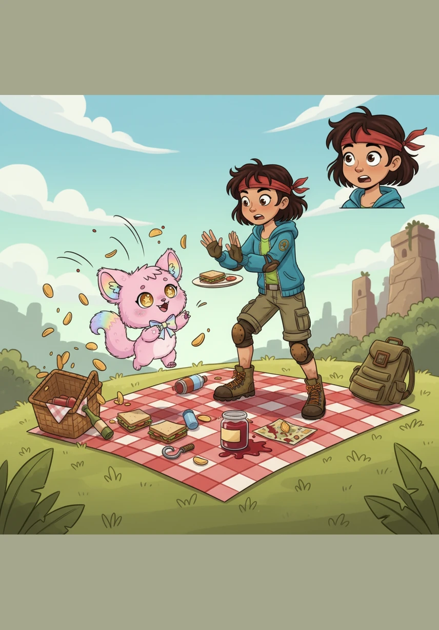 Rainbow was very small but also quite naughty, darting around the picnic tables to snatch snacks from the other children. Nina watched in frustration as the little monster scurried away with a stolen sandwich, making her feel very angry.