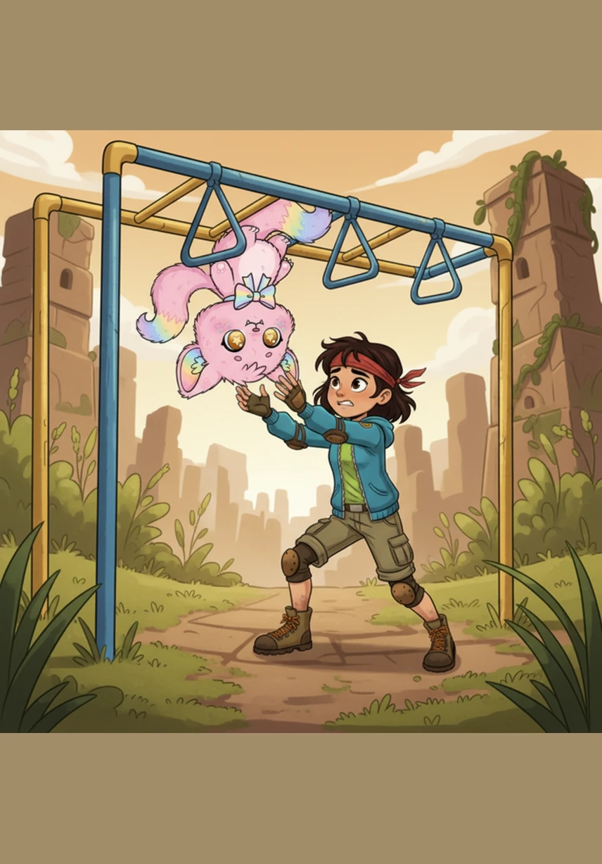 Despite the lesson, Rainbow swung onto the monkey bars and quickly found herself tangled and stuck. Nina rushed over to help her friend down, hoping the little monster would be more careful next time.