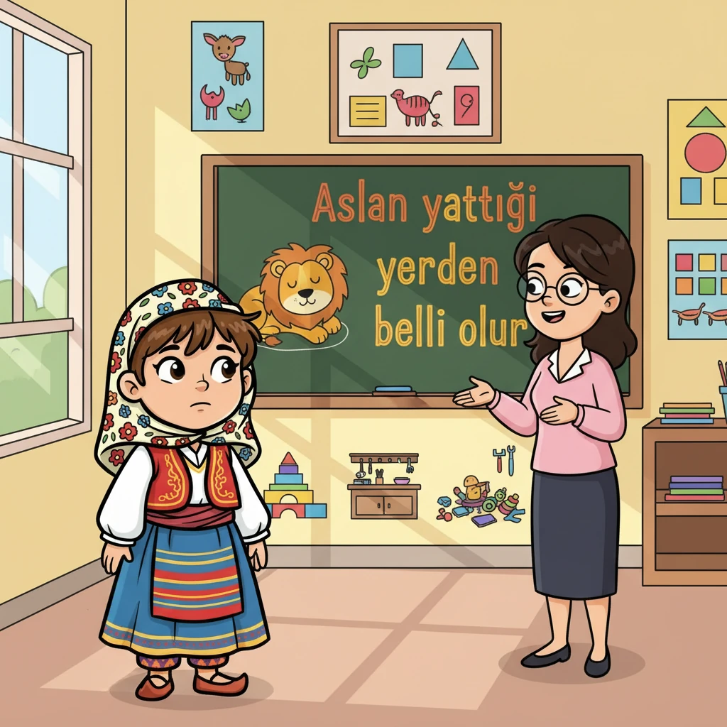 Bir gün, öğretmenleri onlara 'Aslan yattığı yerden belli olur' atasözünü anlattı. Elif, bu sözün anlamını çok merak etti. Öğretmeni, bu sözün insanların gerçek karakterlerinin yaptıklarıyla ortaya çıktığını söyledi.