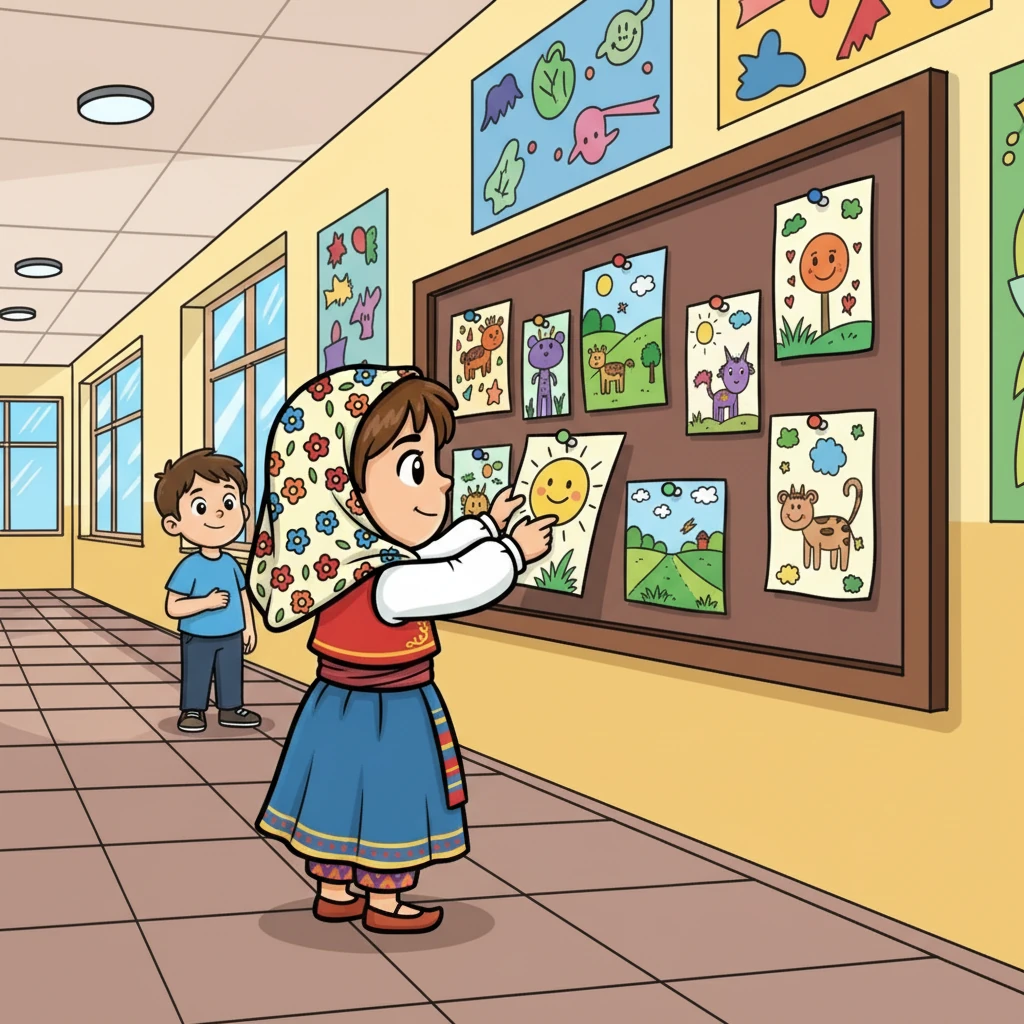 Elif, projesi için bir resim sergisi hazırlamaya karar verdi. Kendi çizdiği resimleri okul panosunda sergileyecekti. Bu onun için büyük bir heyecan ve aynı zamanda biraz da korkuydu.