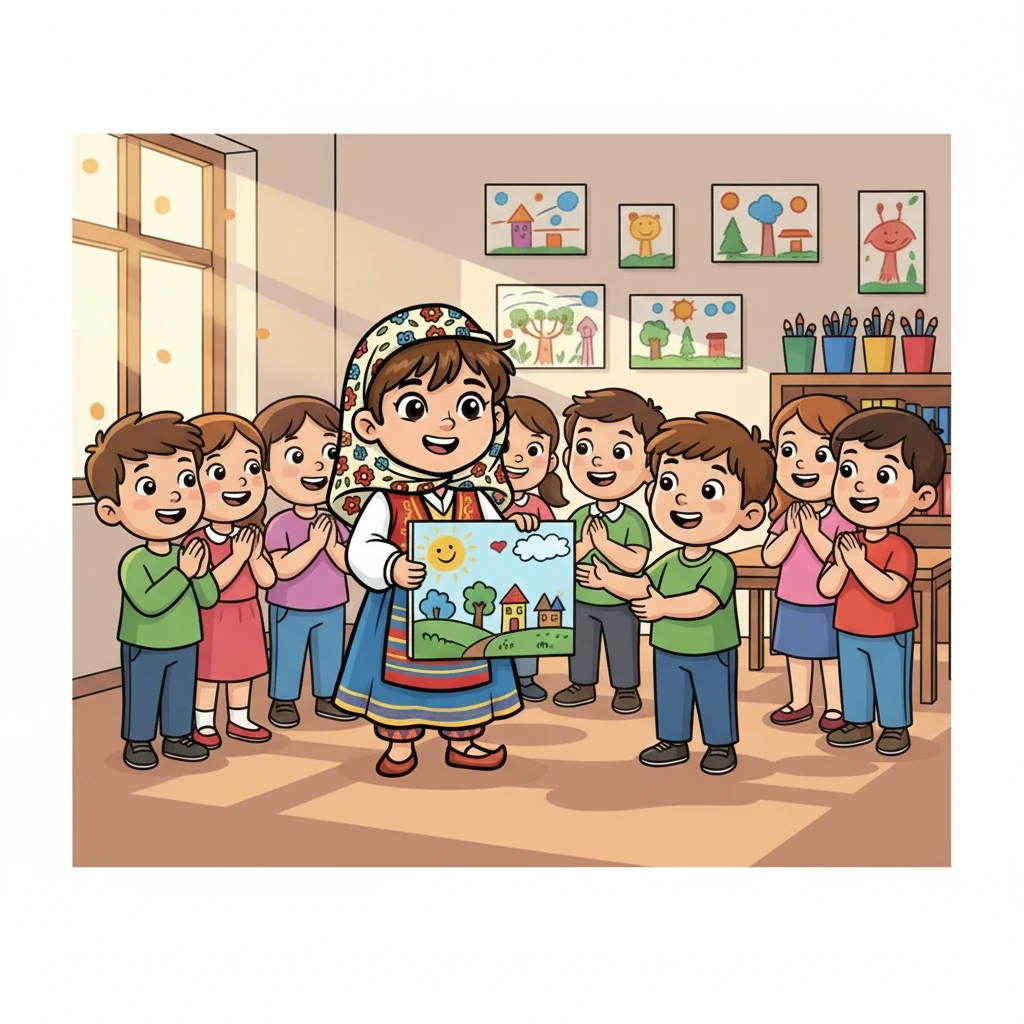 Bir arkadaşı Elif'in yanına geldi ve resimlerini çok beğendiğini söyledi. Bu Elif'i çok mutlu etti. Diğer öğrenciler de onun resimlerini beğendiklerini söylediler.