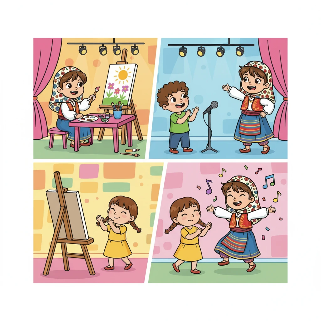 Elif, gösteri için hazırlıklara başladı. Resim yapacak, şarkı söyleyecek ve dans edecekti. Gösteri için provalar yaptı ve arkadaşlarından yardım istedi.