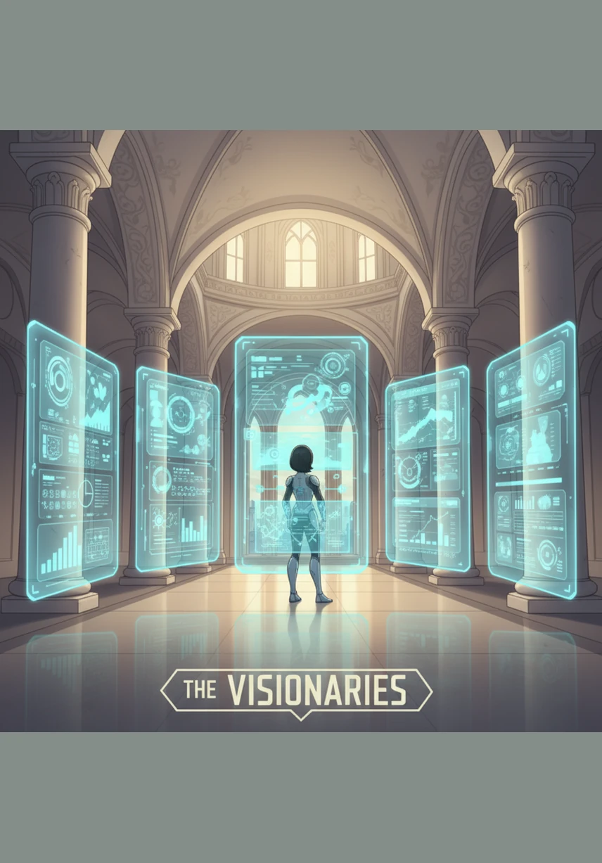 The tunnel opens into a grand hall where seven holographic glass panels float in a gentle arc above a swirling nebula. Nova approaches the first panel, where the Founder and Visionary appears as a high-definition light sculpture, radiating confidence and elite authority.