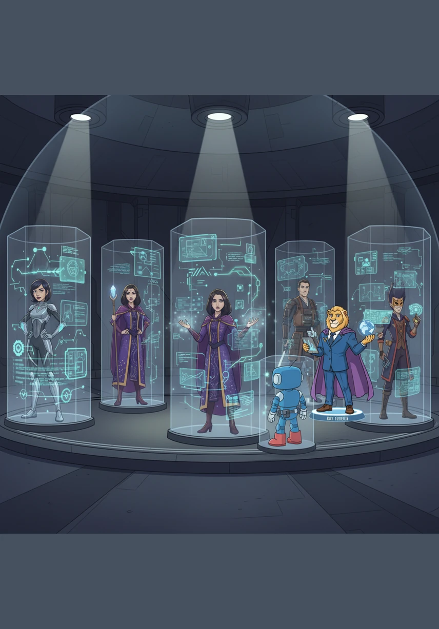 The camera shifts to reveal the rest of the team, each member illuminated by a soft, focused spotlight within their glass prisms. Lead developers and UI/UX strategists are surrounded by flowing lines of code and ethereal design sketches that react dynamically to Nova's presence.